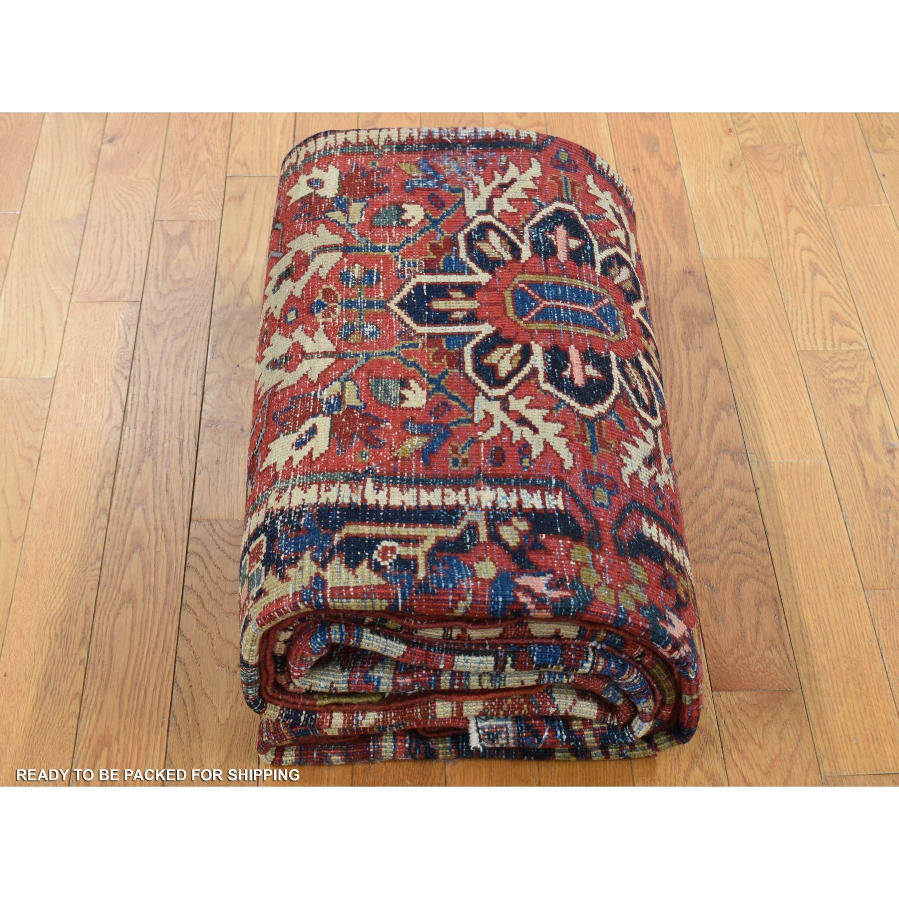 Burgundy Red Pure Wool Hand Knotted Antique Persian Heriz Evenly Worn Clean Rug For Sale 3