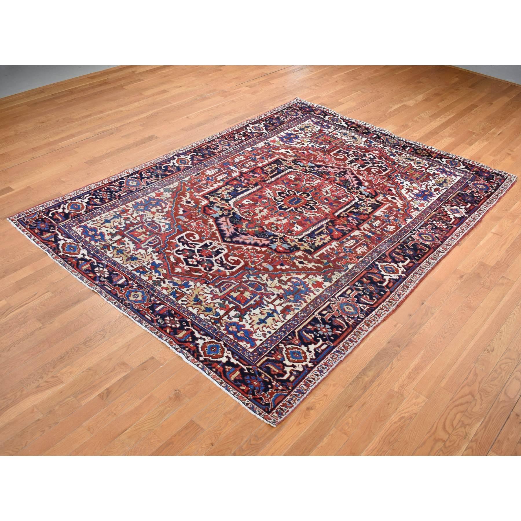 Medieval Burgundy Red Pure Wool Hand Knotted Antique Persian Heriz Evenly Worn Clean Rug For Sale