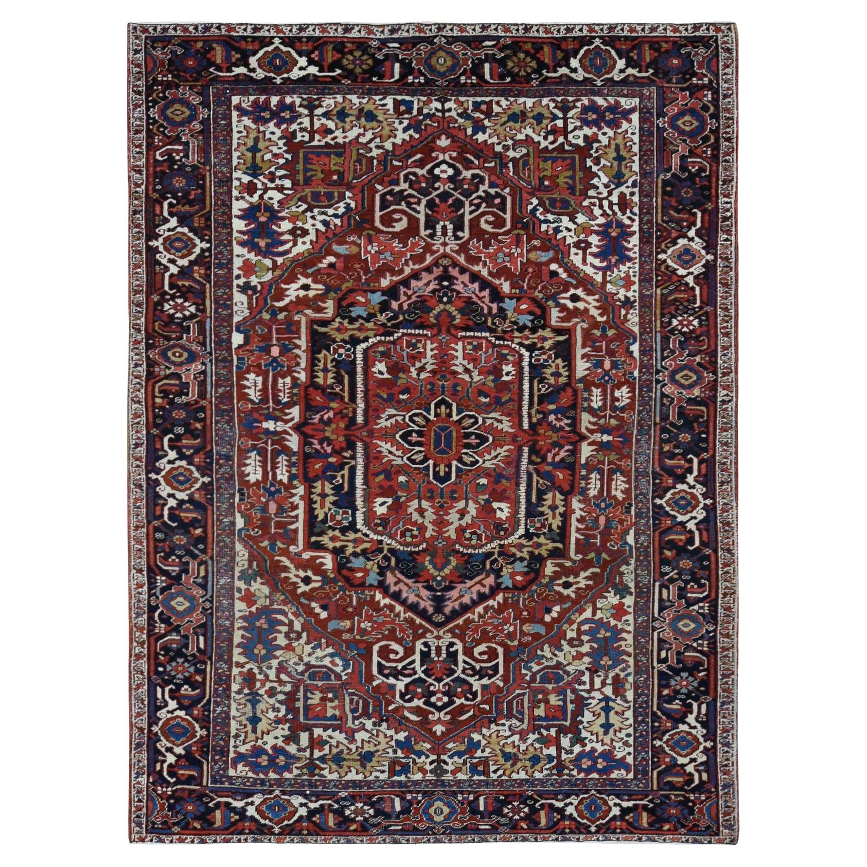 Burgundy Red Pure Wool Hand Knotted Antique Persian Heriz Evenly Worn Clean Rug For Sale