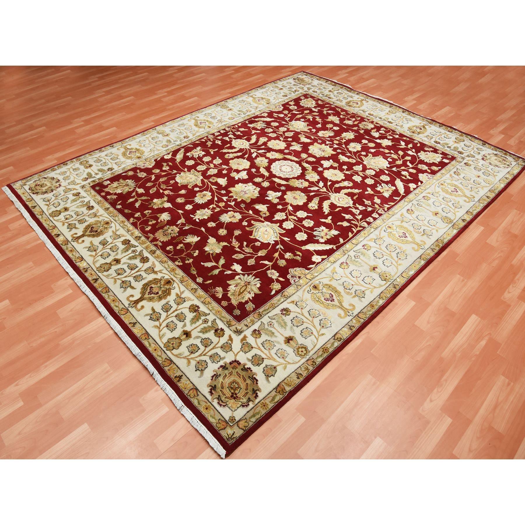 Medievale Tappeto rosso borgogna con disegno Rajasthan in lana e seta, annodato a mano, 9'0