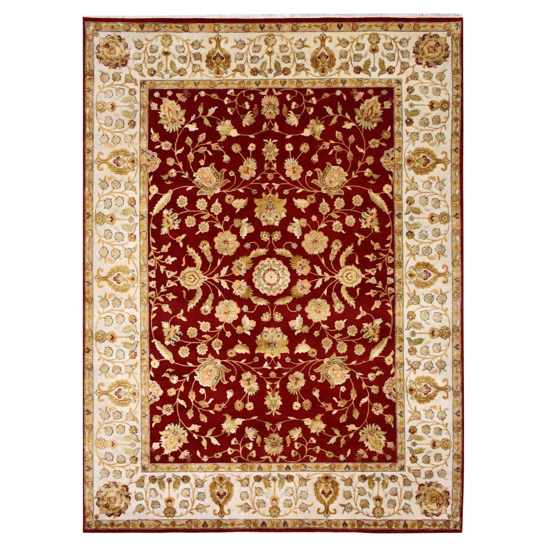 Burgundy Red Rajasthan Design Wool and Silk Hand Knotted Rug 9'0" x 12'0"