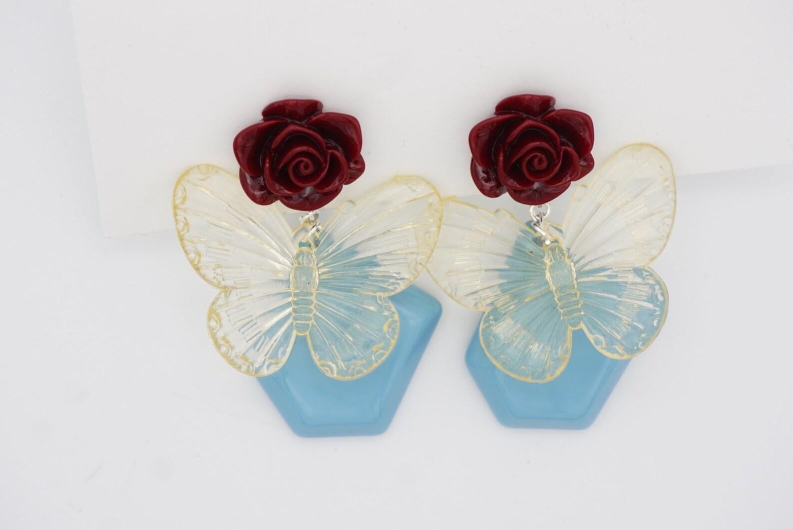 Burgundy Red Rose Sky Blue Pendant Clear Butterfly Elegant Clip On Earrings For Sale 7