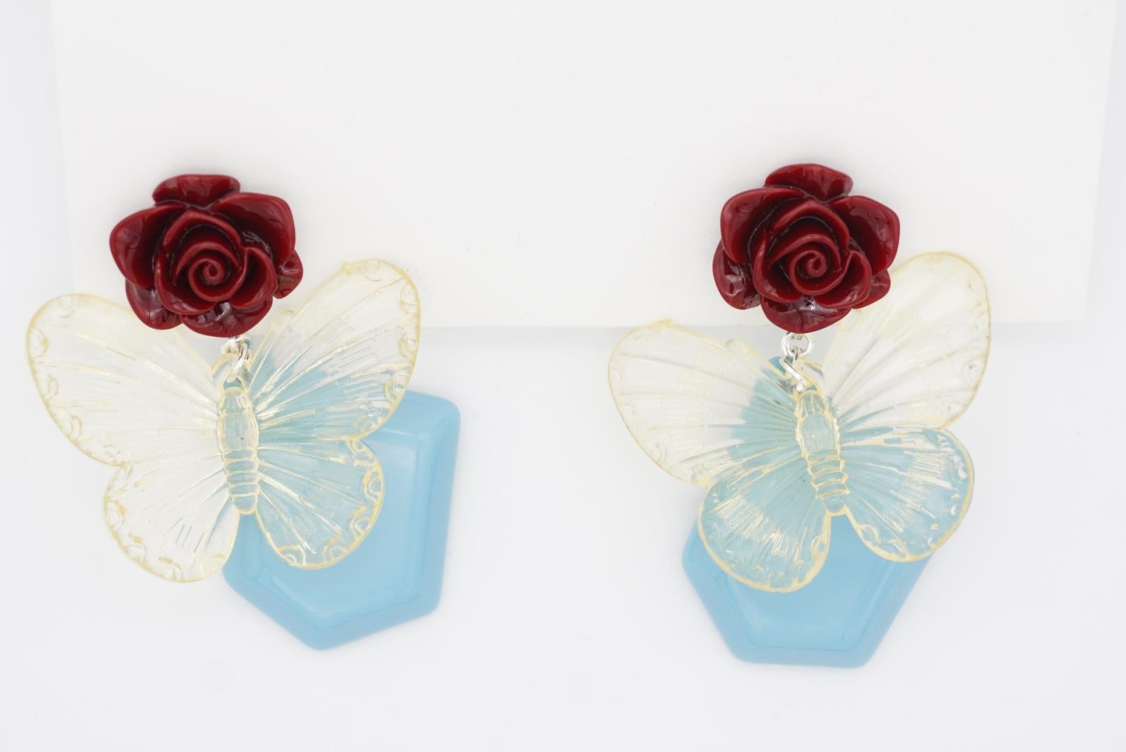 Burgundy Red Rose Sky Blue Pendant Clear Butterfly Elegant Clip On Earrings For Sale 2