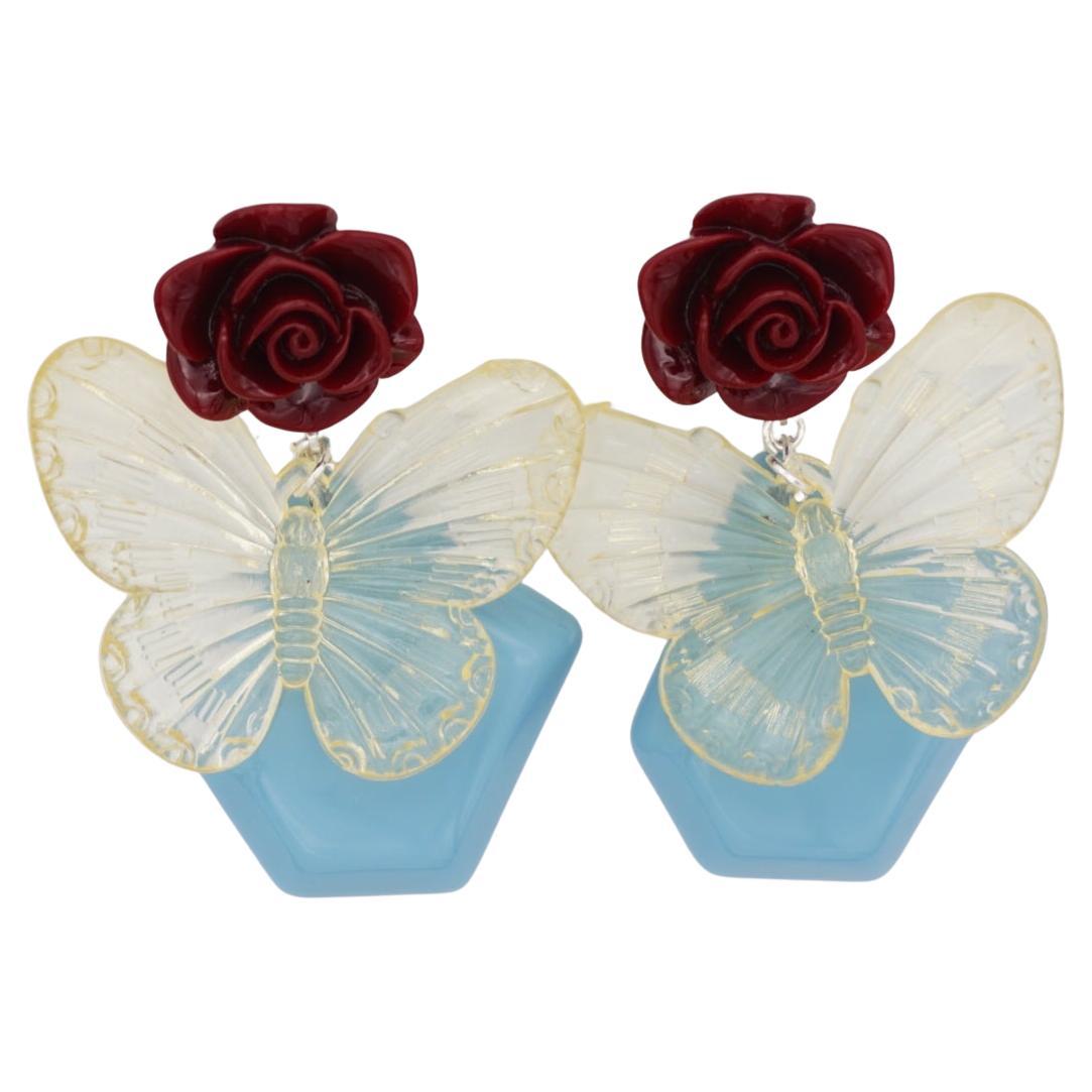Burgundy Red Rose Sky Blue Pendant Clear Butterfly Elegant Clip On Earrings