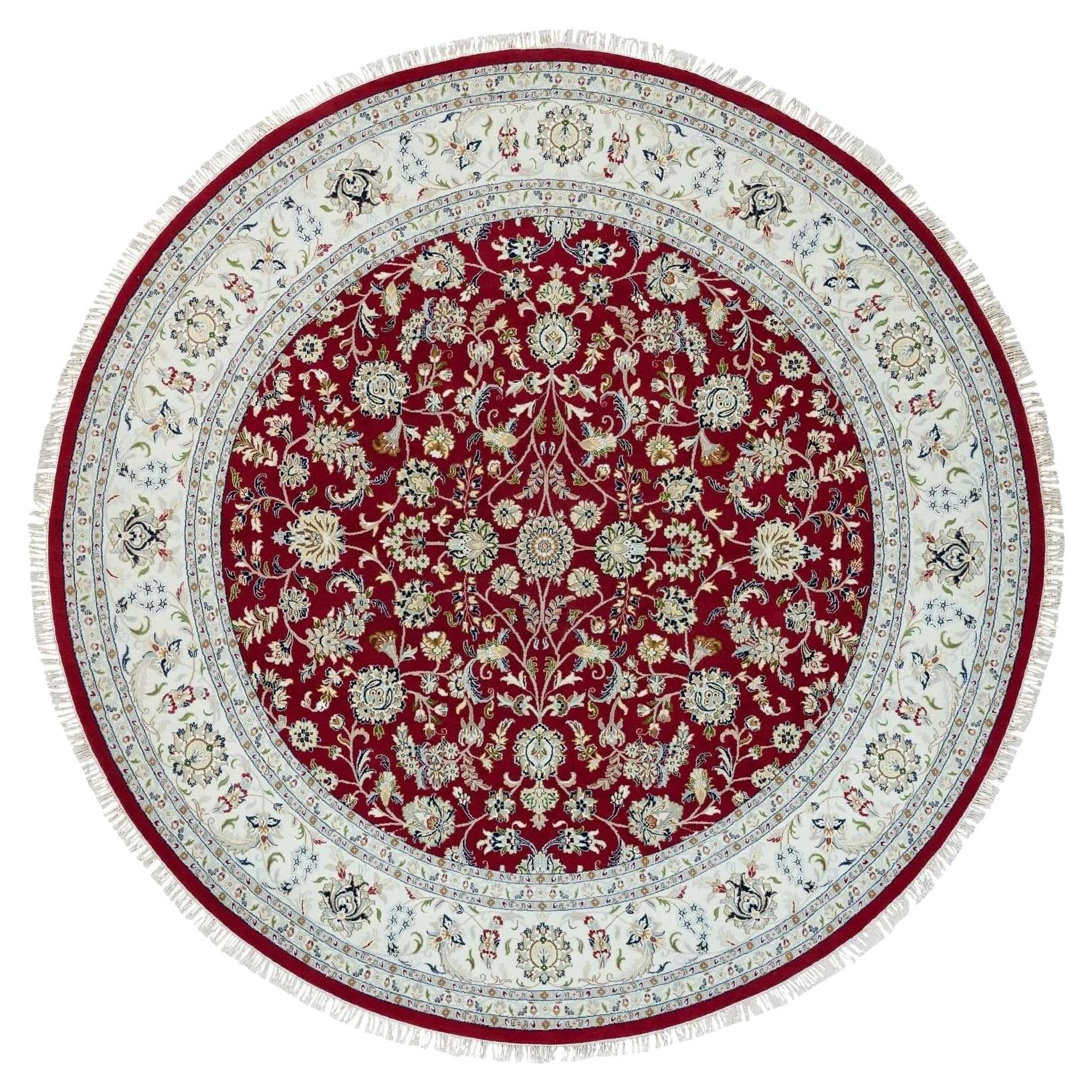Burgundy Red Soft Wool Hand Knotted Nain Design 250 KPSI Round Rug 9'8" x 9'8"