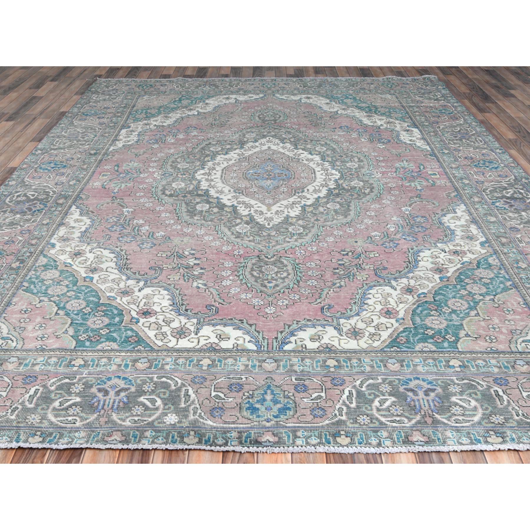 Medieval Burgundy Red Vintage Persian Tabriz Worn Wool Distressed Hand Knotted Rug For Sale