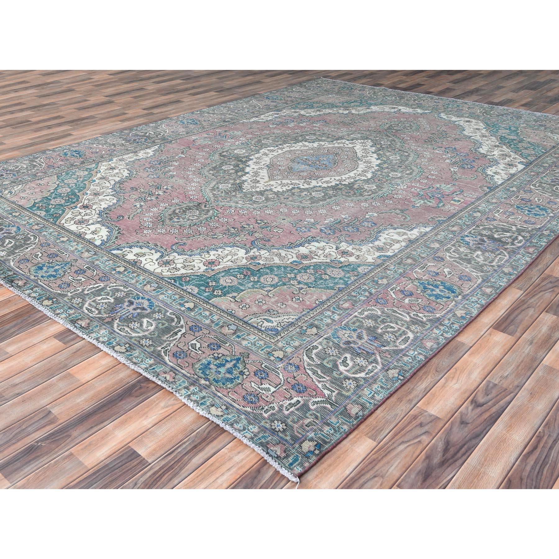 Hand-Knotted Burgundy Red Vintage Persian Tabriz Worn Wool Distressed Hand Knotted Rug For Sale