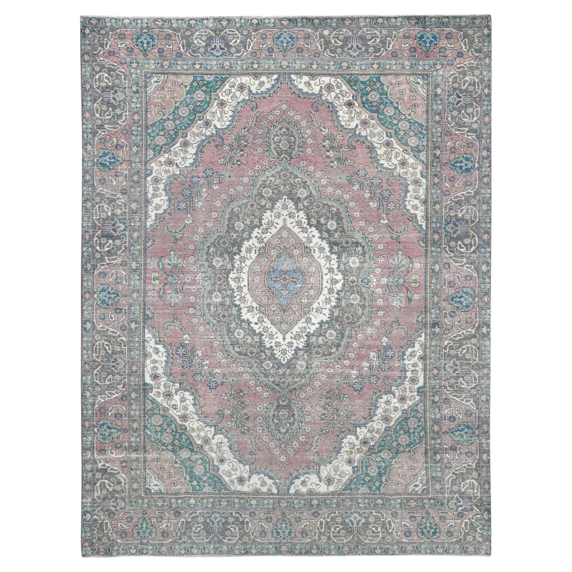 Burgundy Red Vintage Persian Tabriz Worn Wool Distressed Hand Knotted Rug For Sale