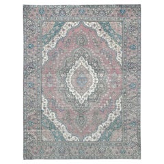 Burgundy Red Retro Persian Tabriz Worn Wool Distressed Hand Knotted Rug
