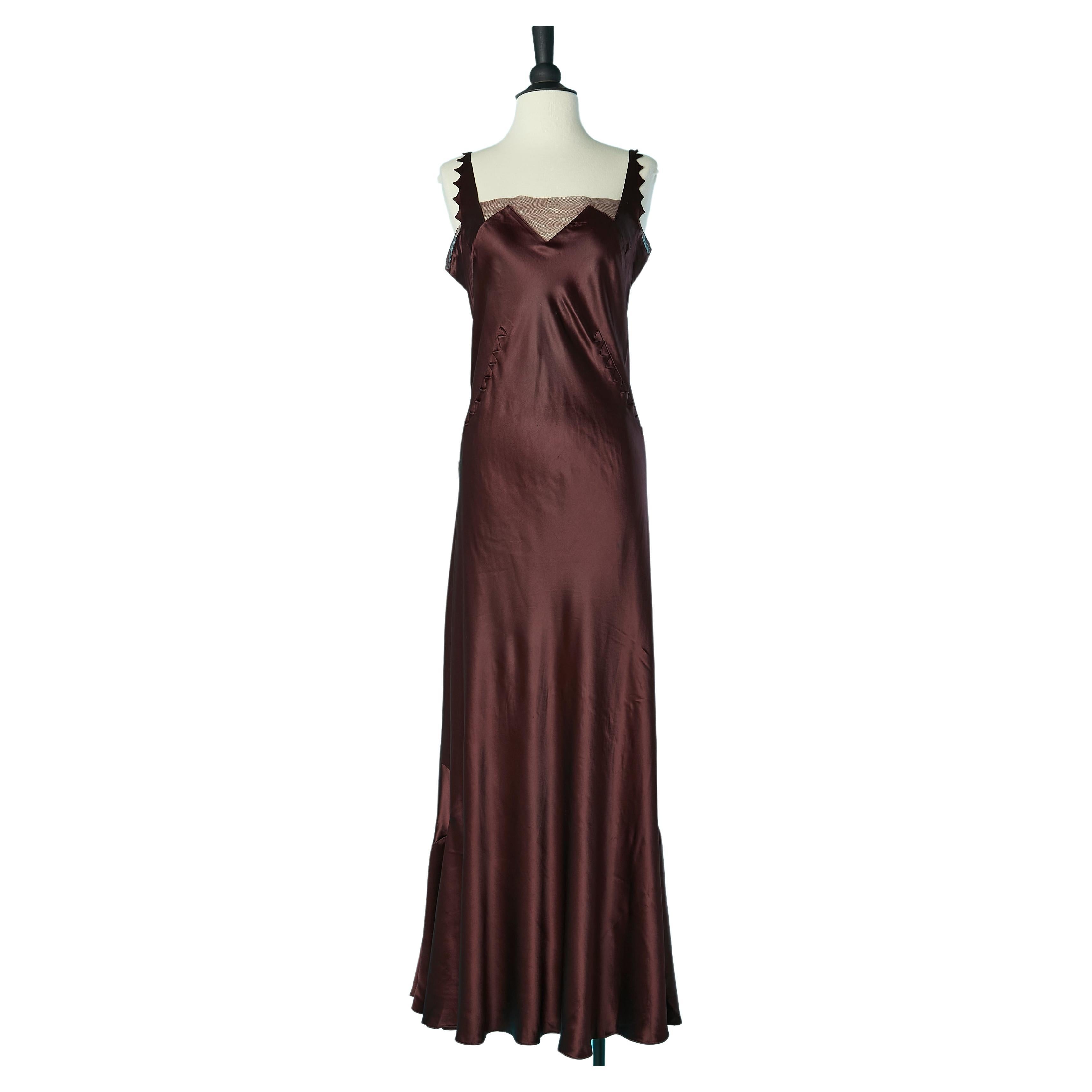Burgundy satin and tulle evening gown with cut-work Circa 1930's  For Sale