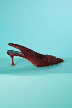 Burgundy satin pump open in the back with rhinestone buckle Manolo Blahnik