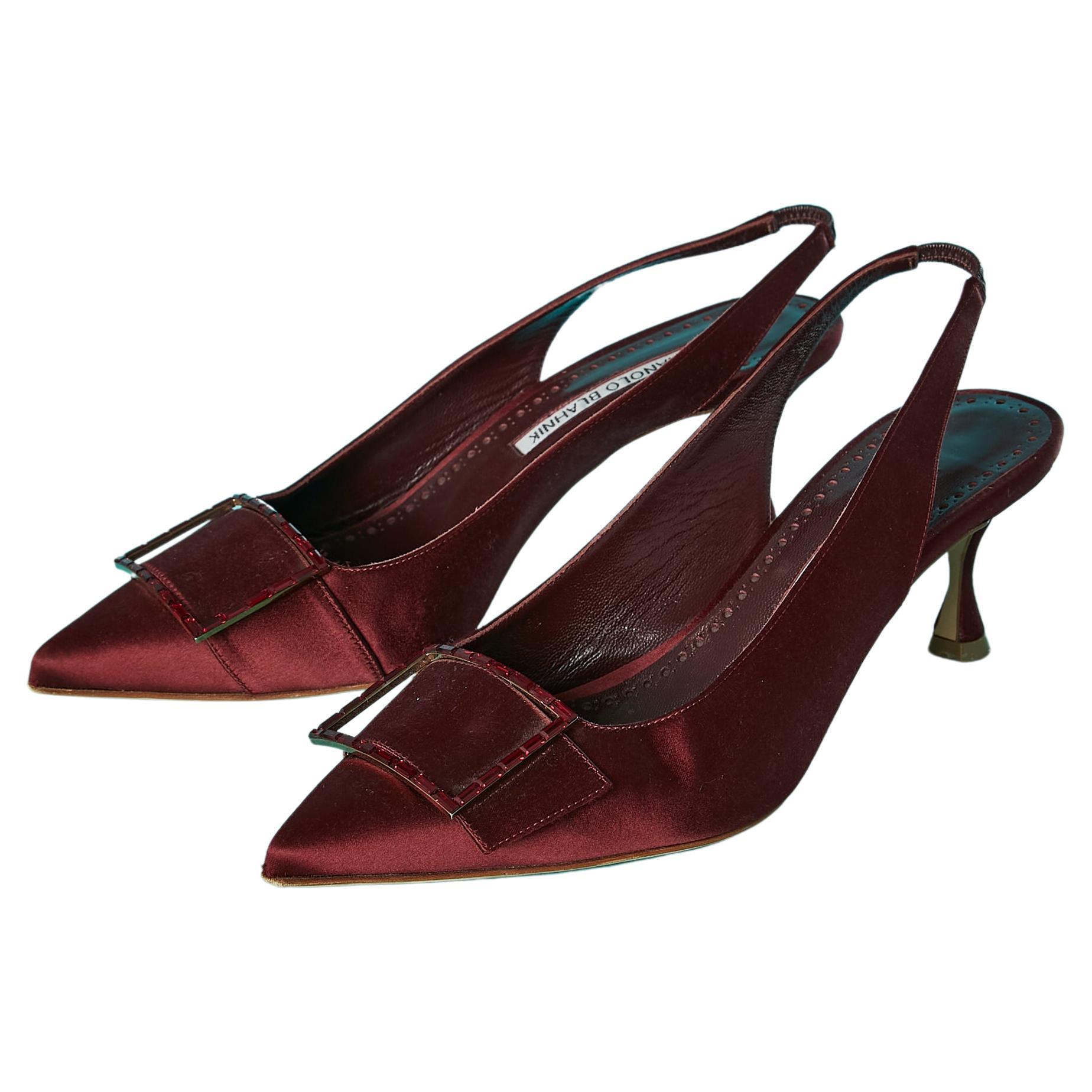 Burgundy satin pump open in the back with rhinestone buckle Manolo Blahnik  For Sale