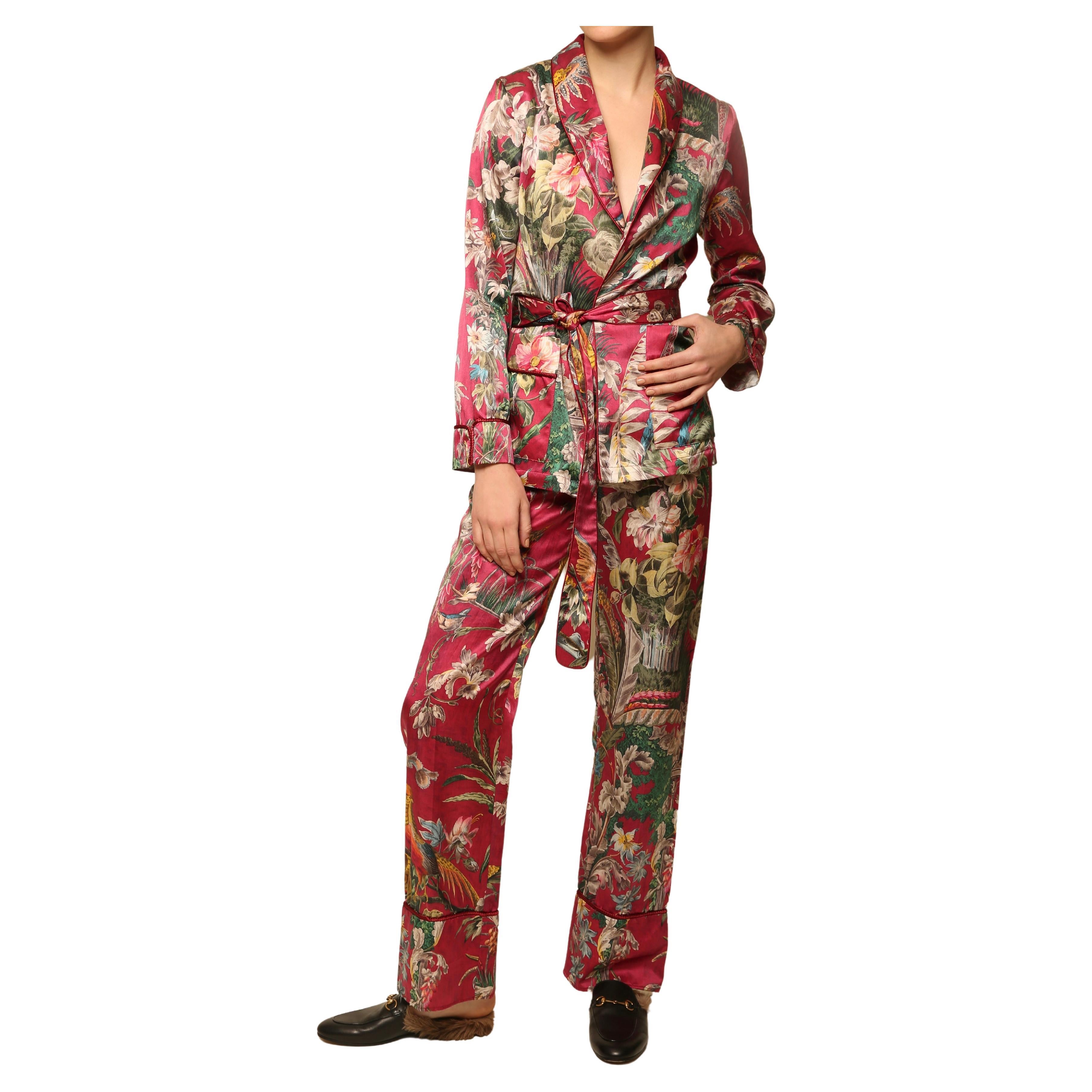For Restless Sleepers Burgundy silk floral print pyjama set pants suit jacket