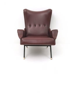Burgundy Skai, Brass and Metal Lounge Chair, Italy