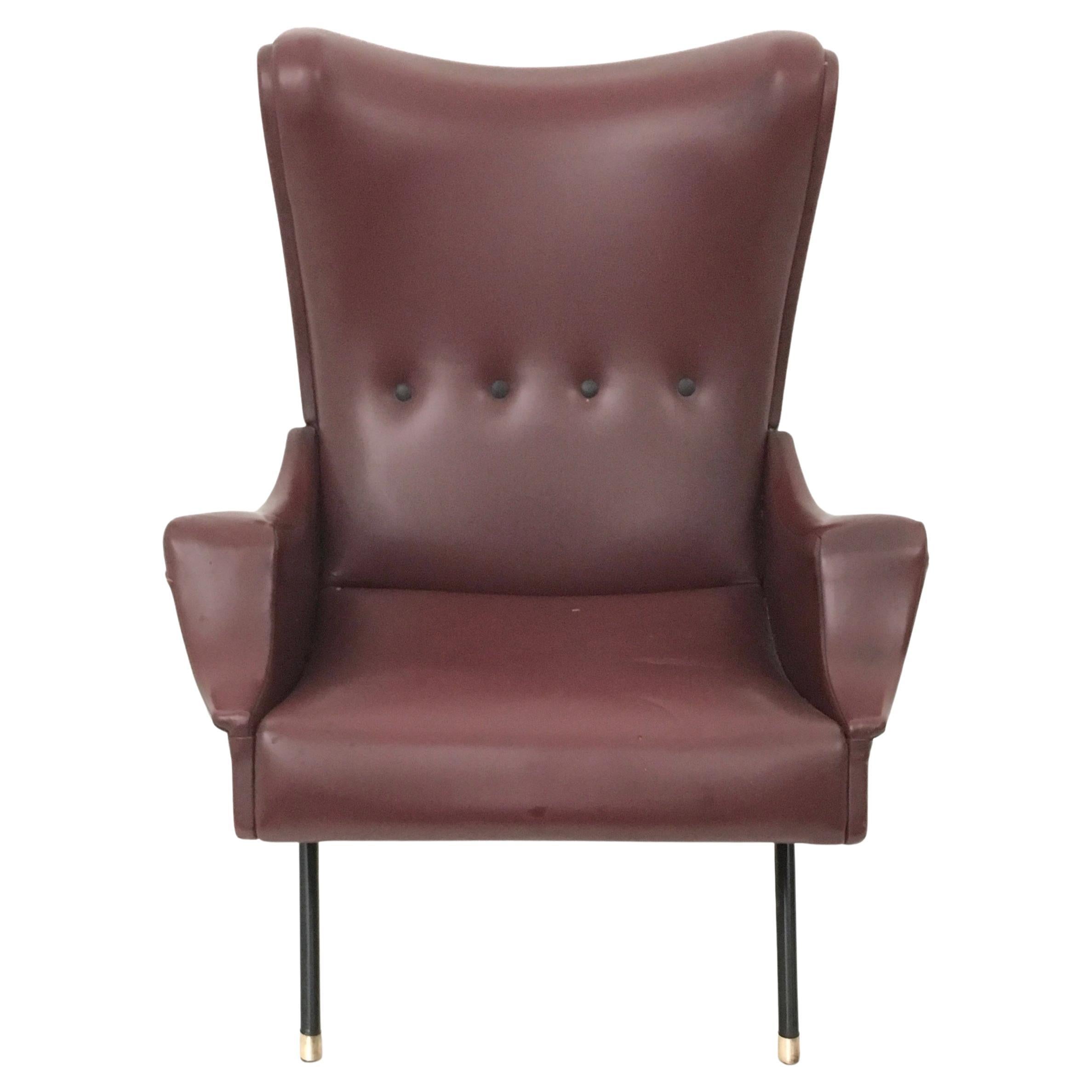 Burgundy Skai, Silla de salón de latón y metal, Italia