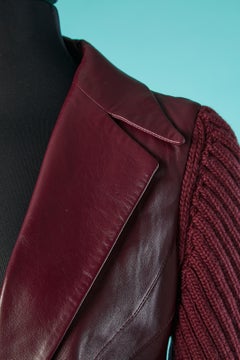 Burgundy skirt-suit in wool knit and leather MUGLER Circa 1990's