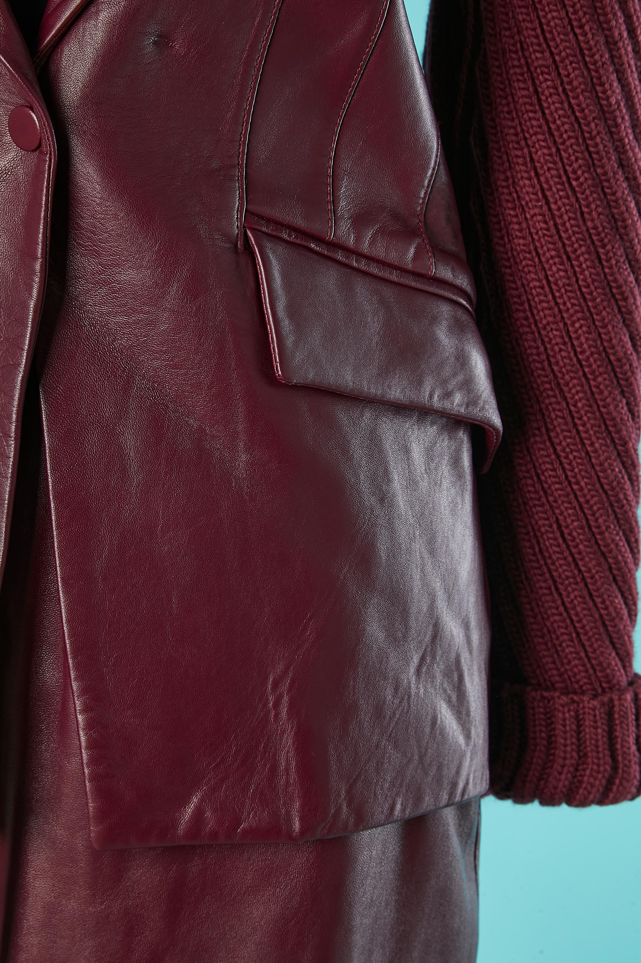 Burgundy skirt-suit in wool knit and leather MUGLER Circa 1990's  In Excellent Condition For Sale In Saint-Ouen-Sur-Seine, FR
