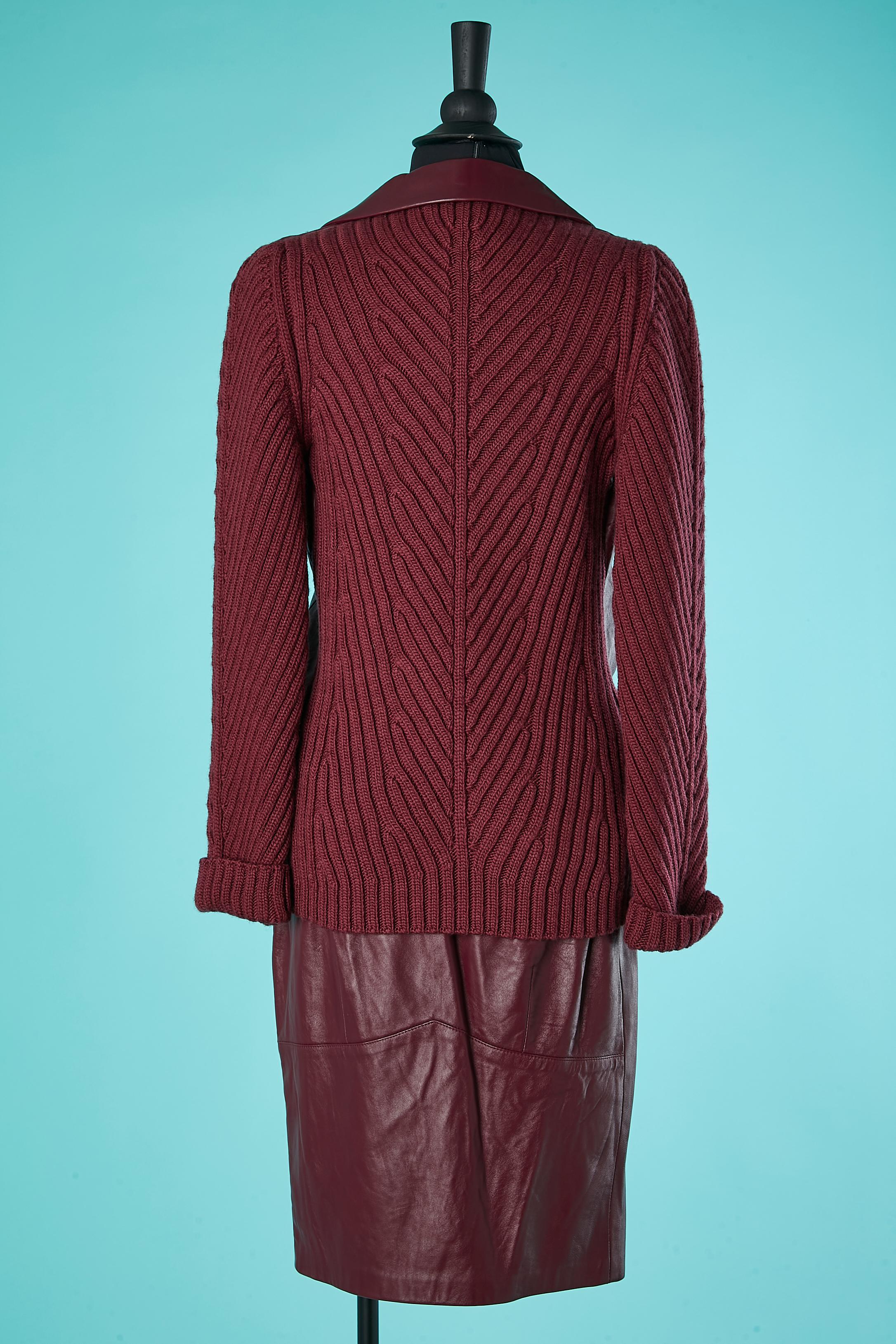 Combinaison-jupe en tricot de laine et cuir, bourgogne MUGLER Circa 1990's  en vente 1