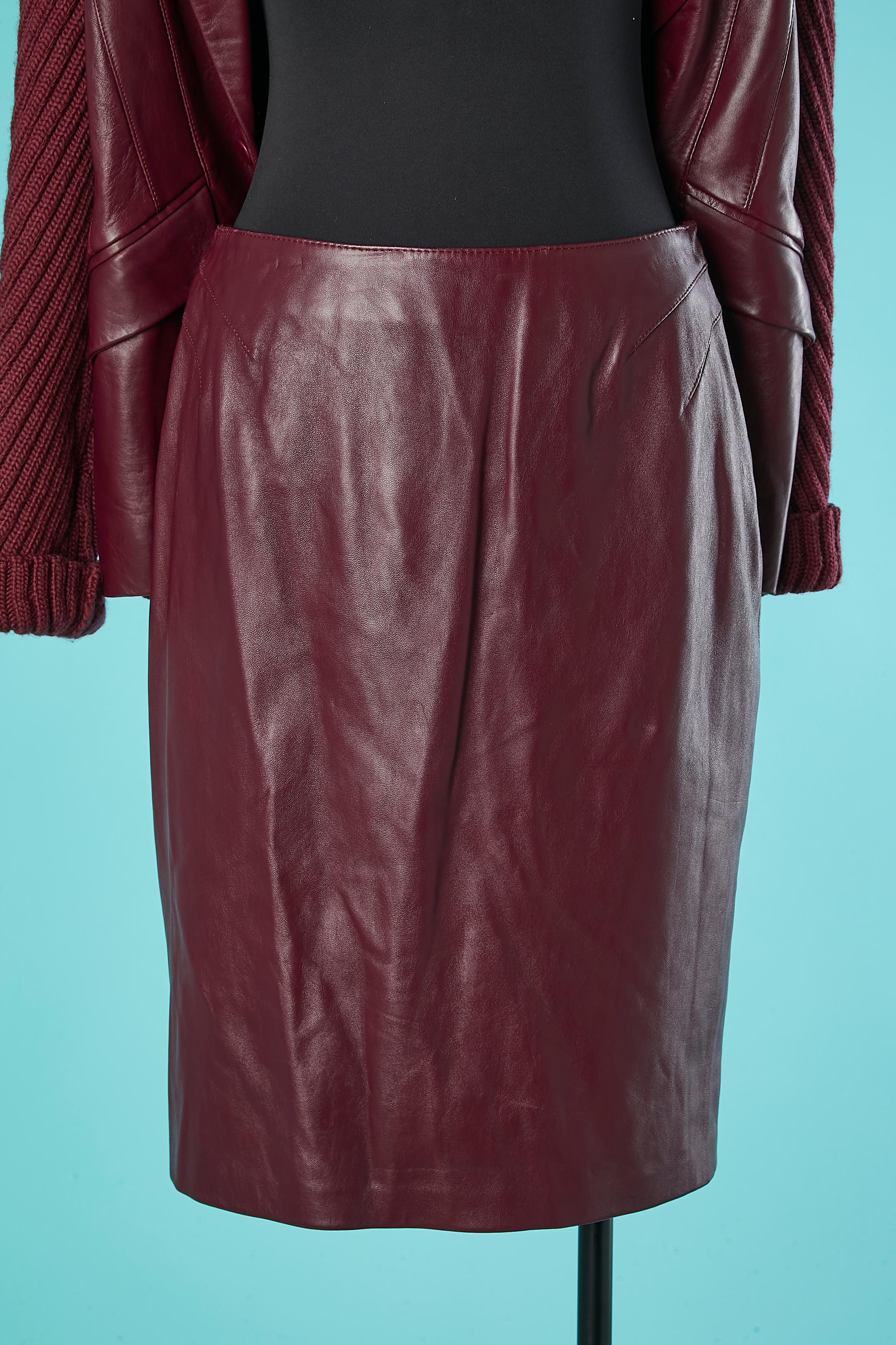 Burgundy skirt-suit in wool knit and leather MUGLER Circa 1990's  For Sale 2