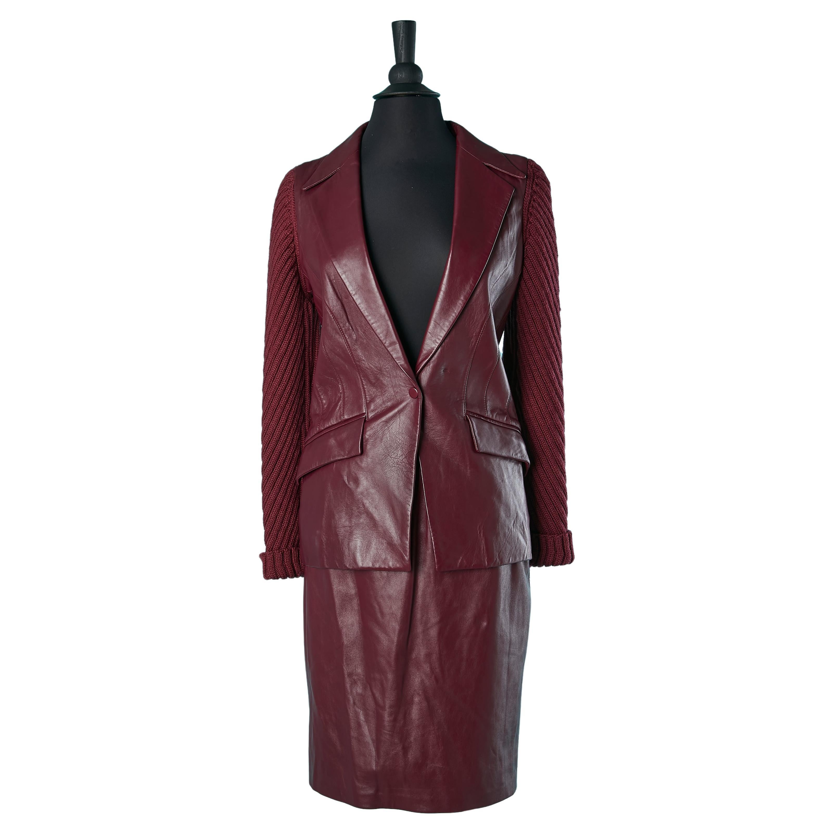 Burgundy skirt-suit in wool knit and leather MUGLER Circa 1990's  For Sale