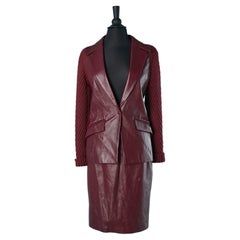 Burgundy skirt-suit in wool knit and leather MUGLER Circa 1990's
