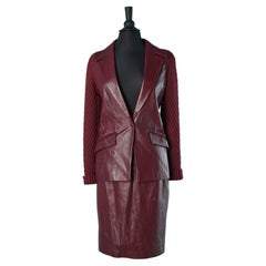 Retro Burgundy skirt-suit in wool knit and leather MUGLER Circa 1990's 