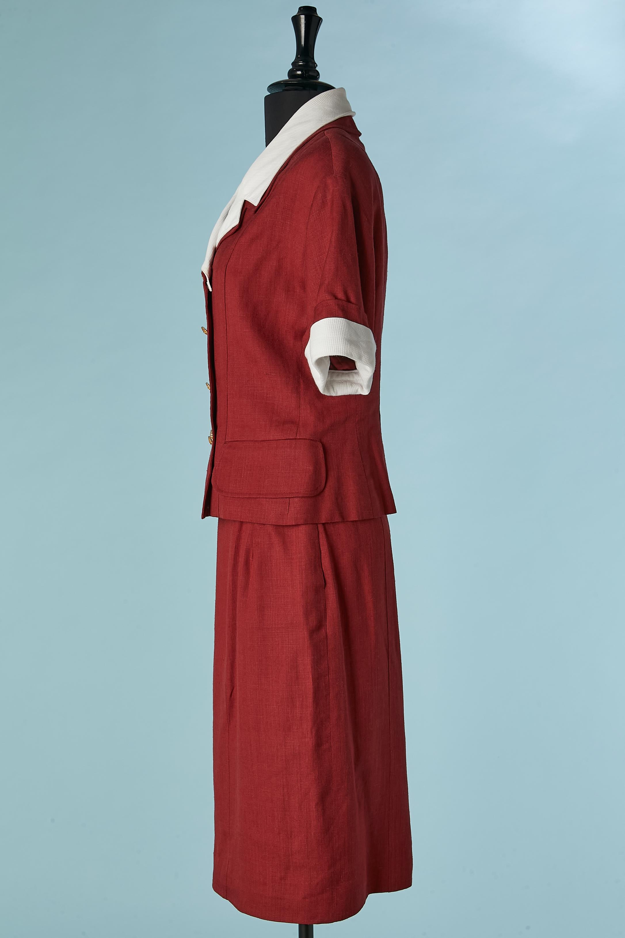 Burgundy skirt suit with white cotton collar and sleeves edge Chanel Boutique  For Sale 1