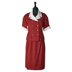 Burgundy skirt suit with white cotton collar and sleeves edge Chanel Boutique 