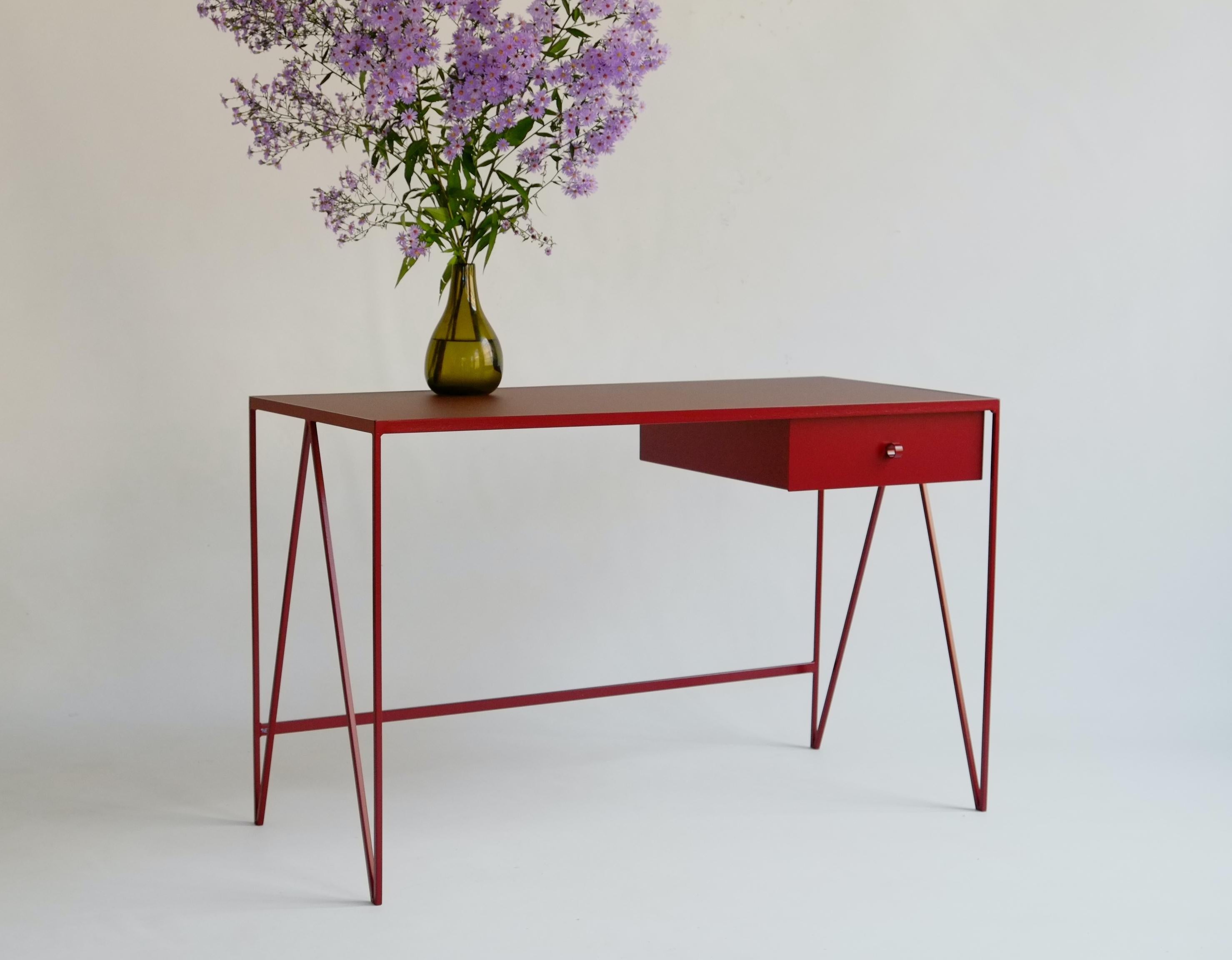 Steel Burgundy Study Desk with Natural Linoleum Table Top and Drawer, Customizable For Sale