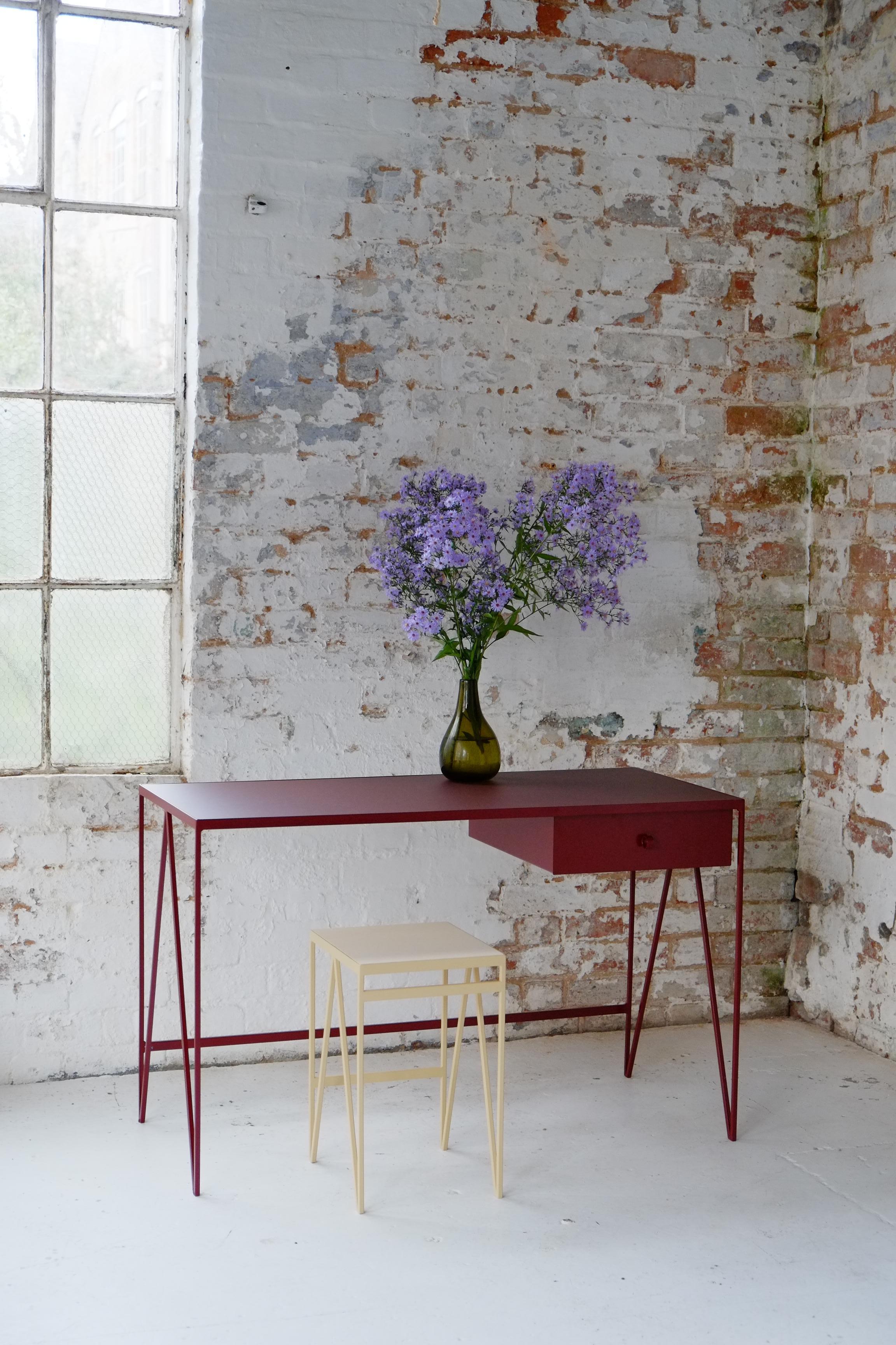 Welded Burgundy Study Desk with Natural Linoleum Table Top and Drawer, Customizable For Sale