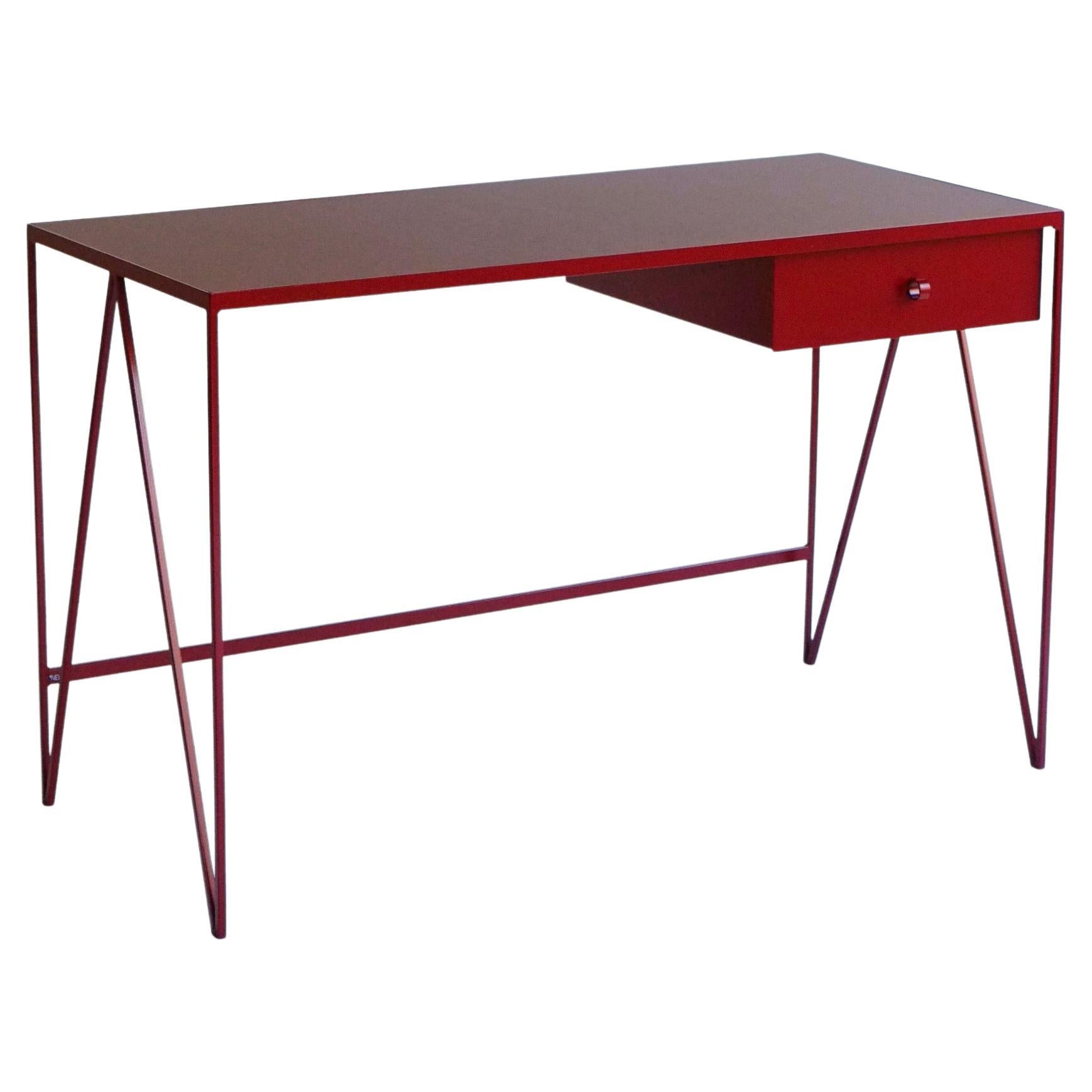 Burgunderfarbener Arbeitstisch mit natürlicher Linoleum-Tischplatte und Schublade, anpassbar