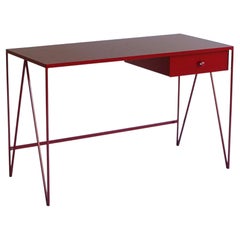 Burgundy Study Desk with Natural Linoleum Table Top and Drawer, Customizable