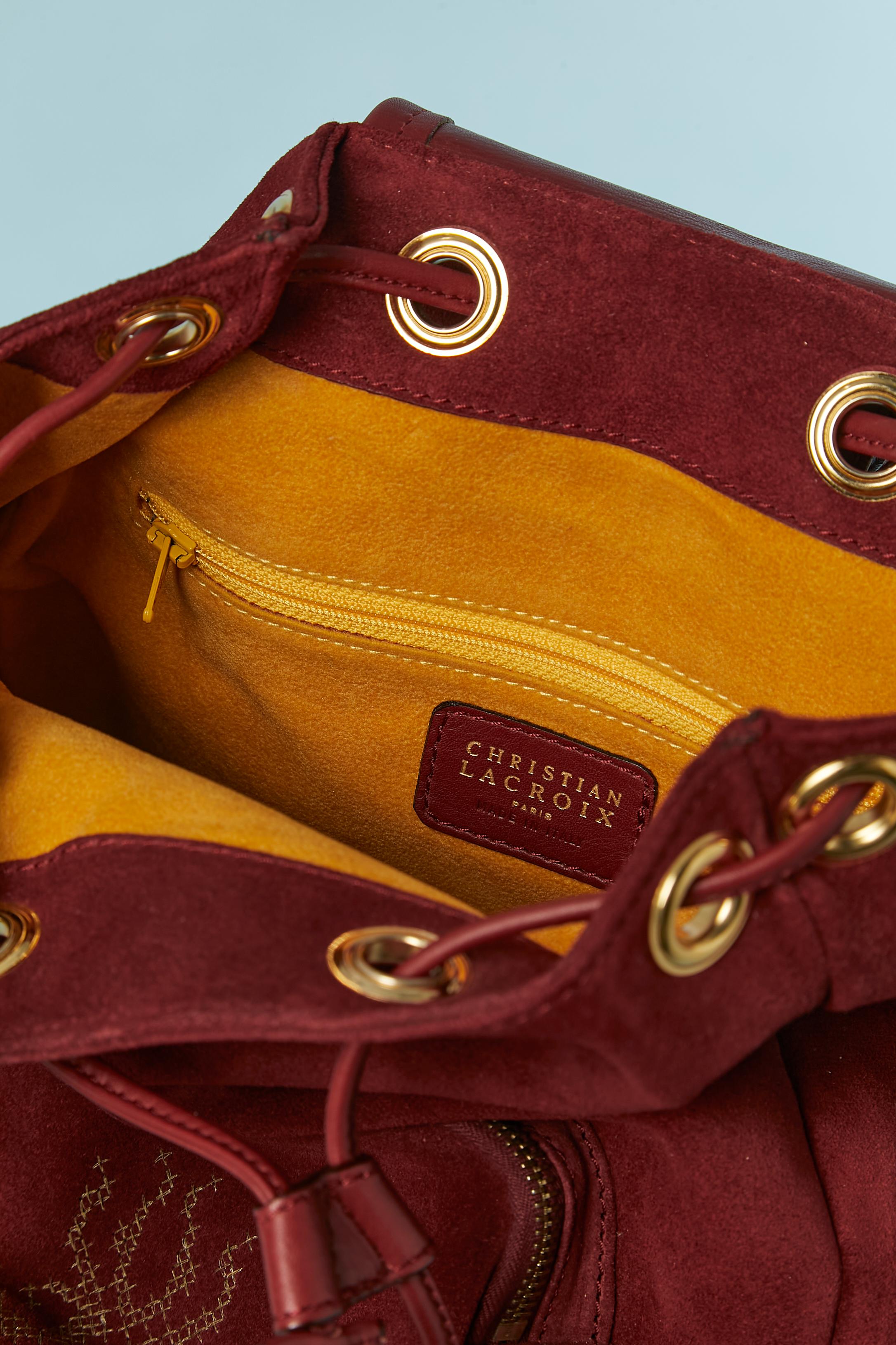 Burgundy  suede back-pack bag with front pocket Christian Lacroix For Sale 1