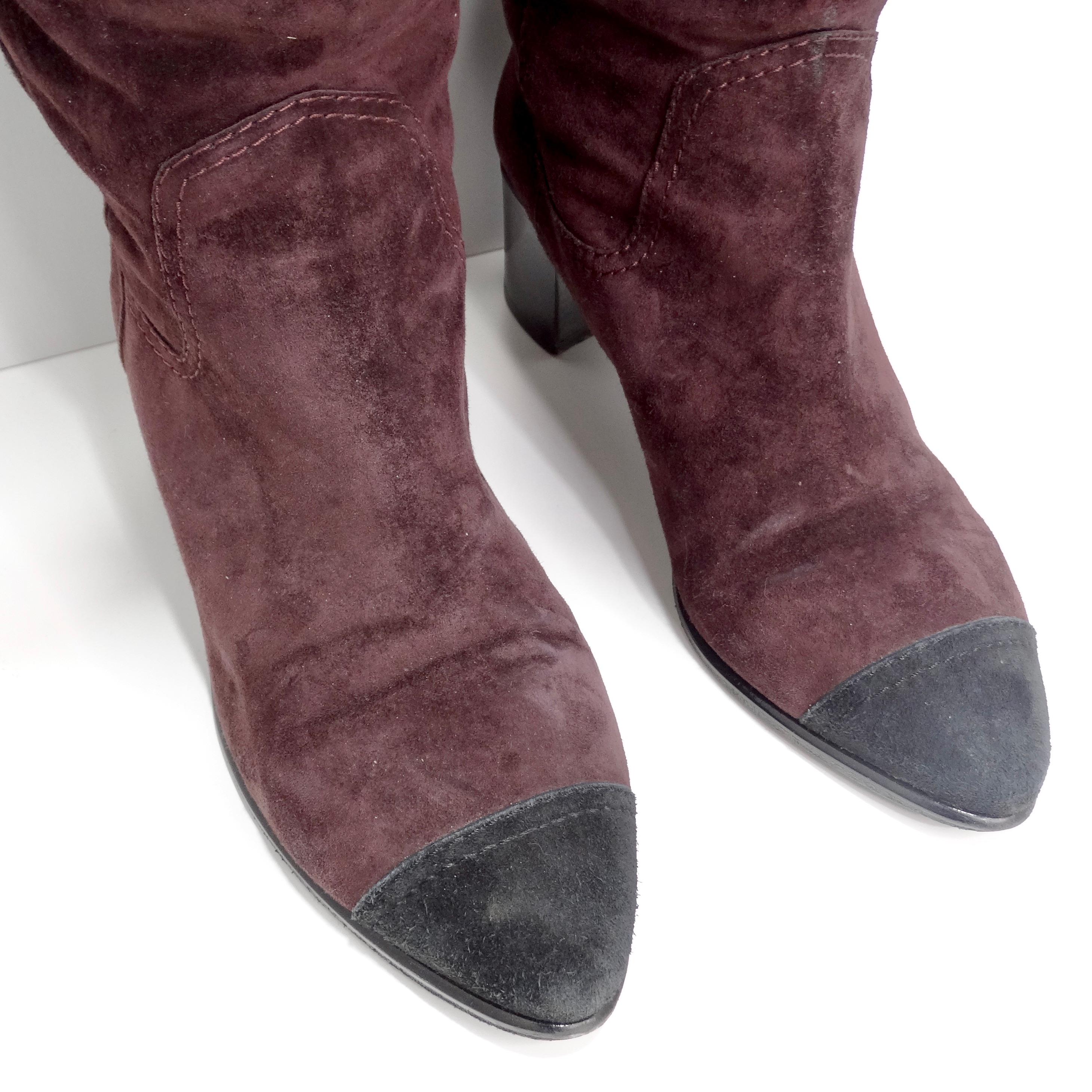 Burgundy Suede Cap Toe Over The Knee Boots In Good Condition For Sale In Scottsdale, AZ