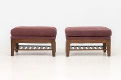 Burgundy Suede Upholstered Ottomans, Pair