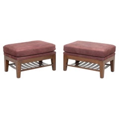 Burgundy Suede Upholstered Ottomans, Pair