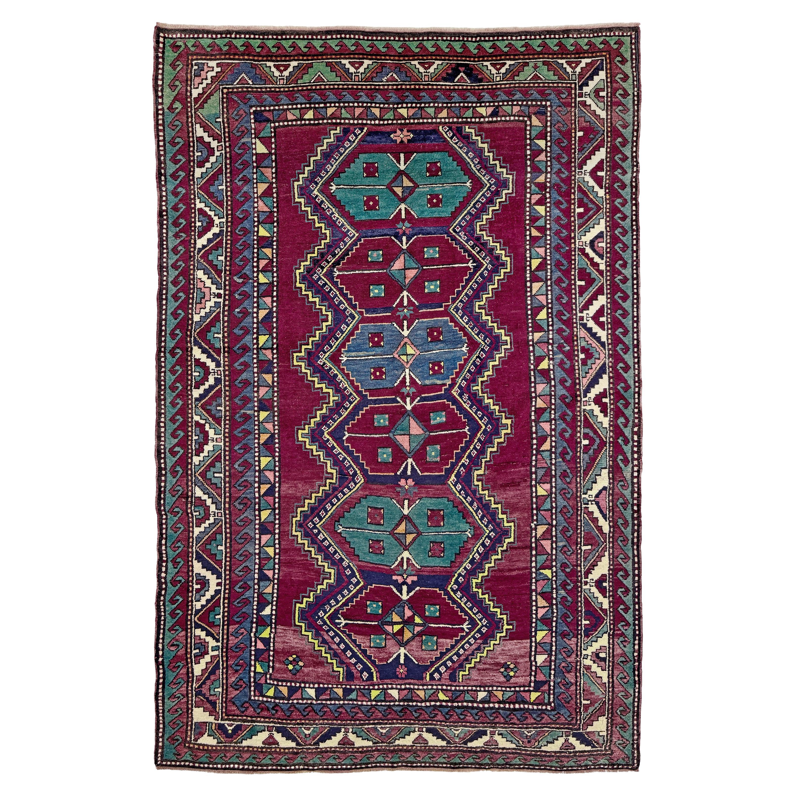 Burgundy & Teal Kazak Rug • Vintage Caucasian Tribal Carpet • 6×9 • 1940s