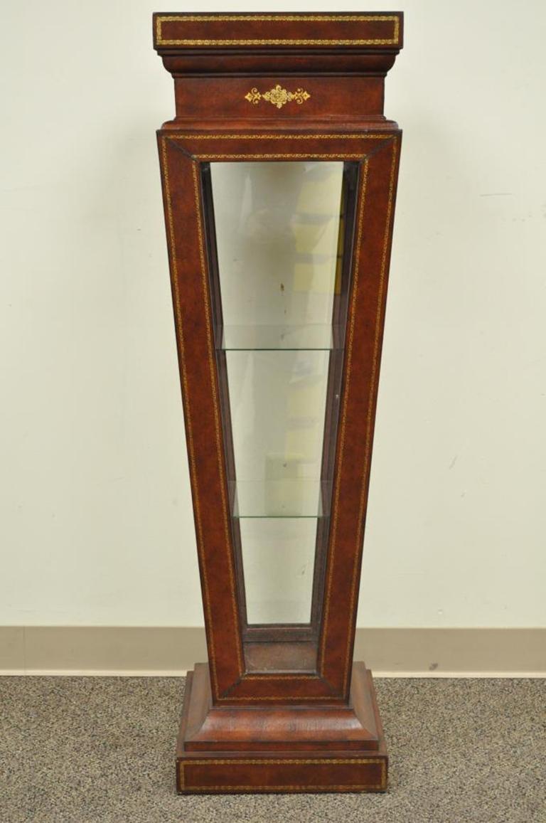 Burgundy Tooled Leather Glass Display Case Curio Stand Pedestal Maitland-Smith In Good Condition In Philadelphia, PA