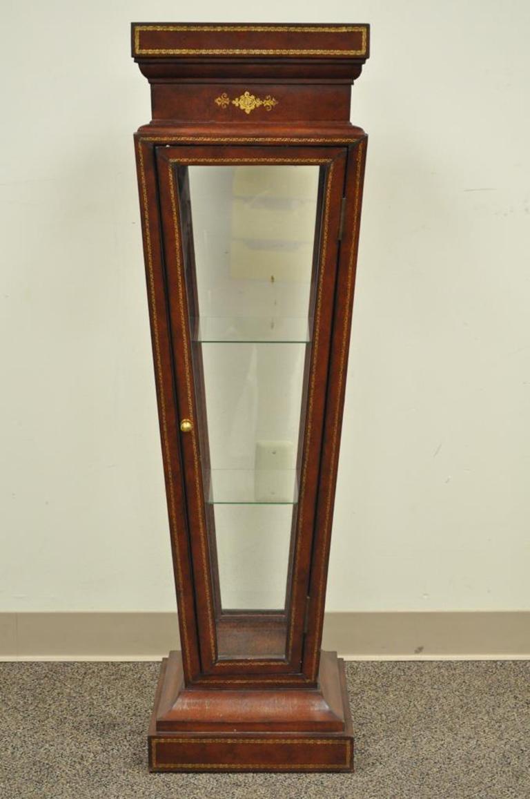 20th Century Burgundy Tooled Leather Glass Display Case Curio Stand Pedestal Maitland-Smith