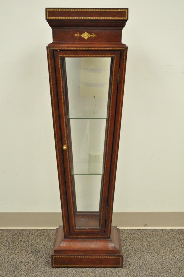 Burgundy Tooled Leather Glass Display Case Curio Stand Pedestal 