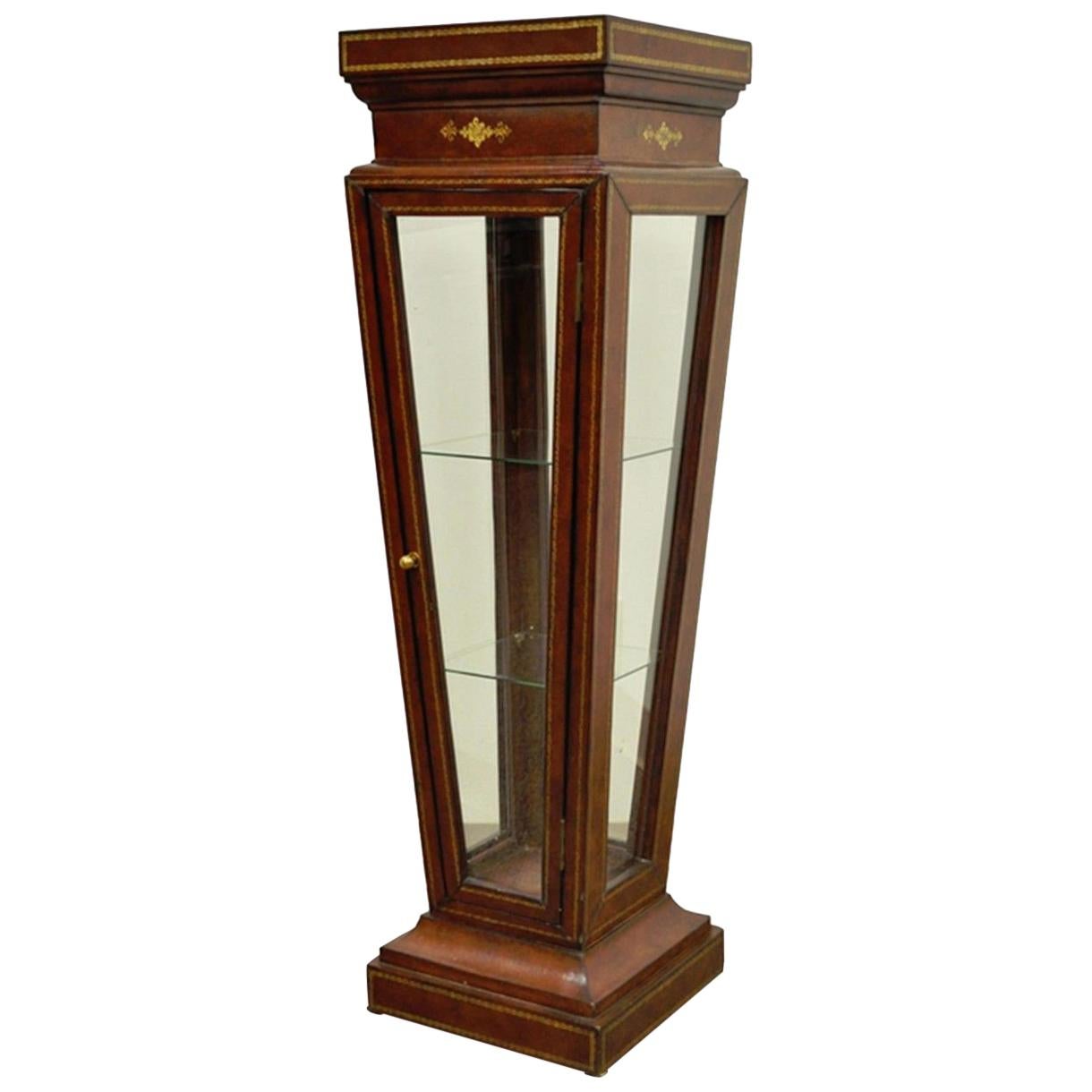 Burgundy Tooled Leather Glass Display Case Curio Stand Pedestal Maitland-Smith