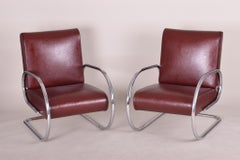 Burgundy Tubular Armchairs, New High Quality Leather Upholstery, 1930s