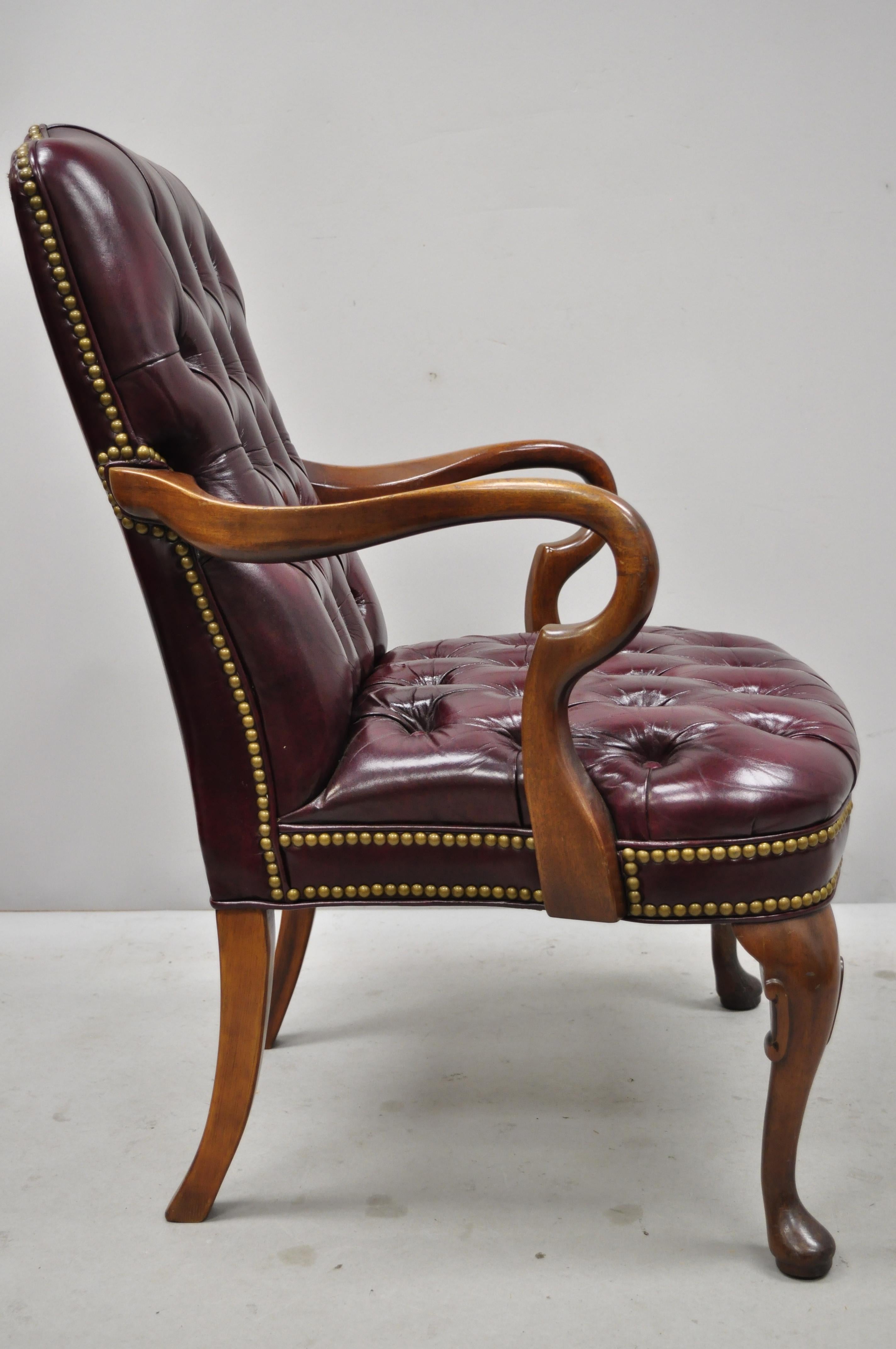 Burgundy Tufted Executive Leather Gooseneck Queen Anne Office Library Armchair 6