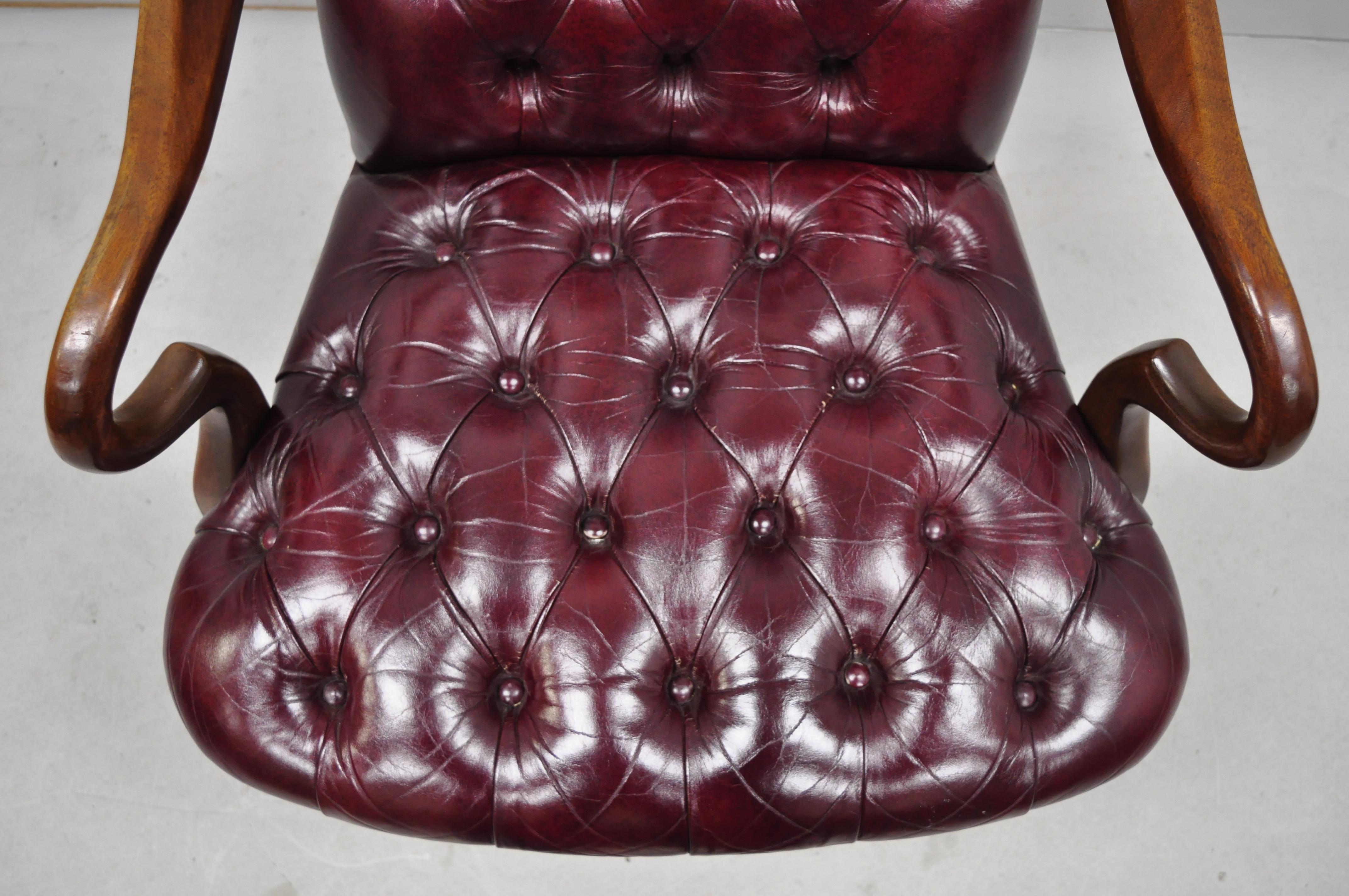North American Burgundy Tufted Executive Leather Gooseneck Queen Anne Office Library Armchair
