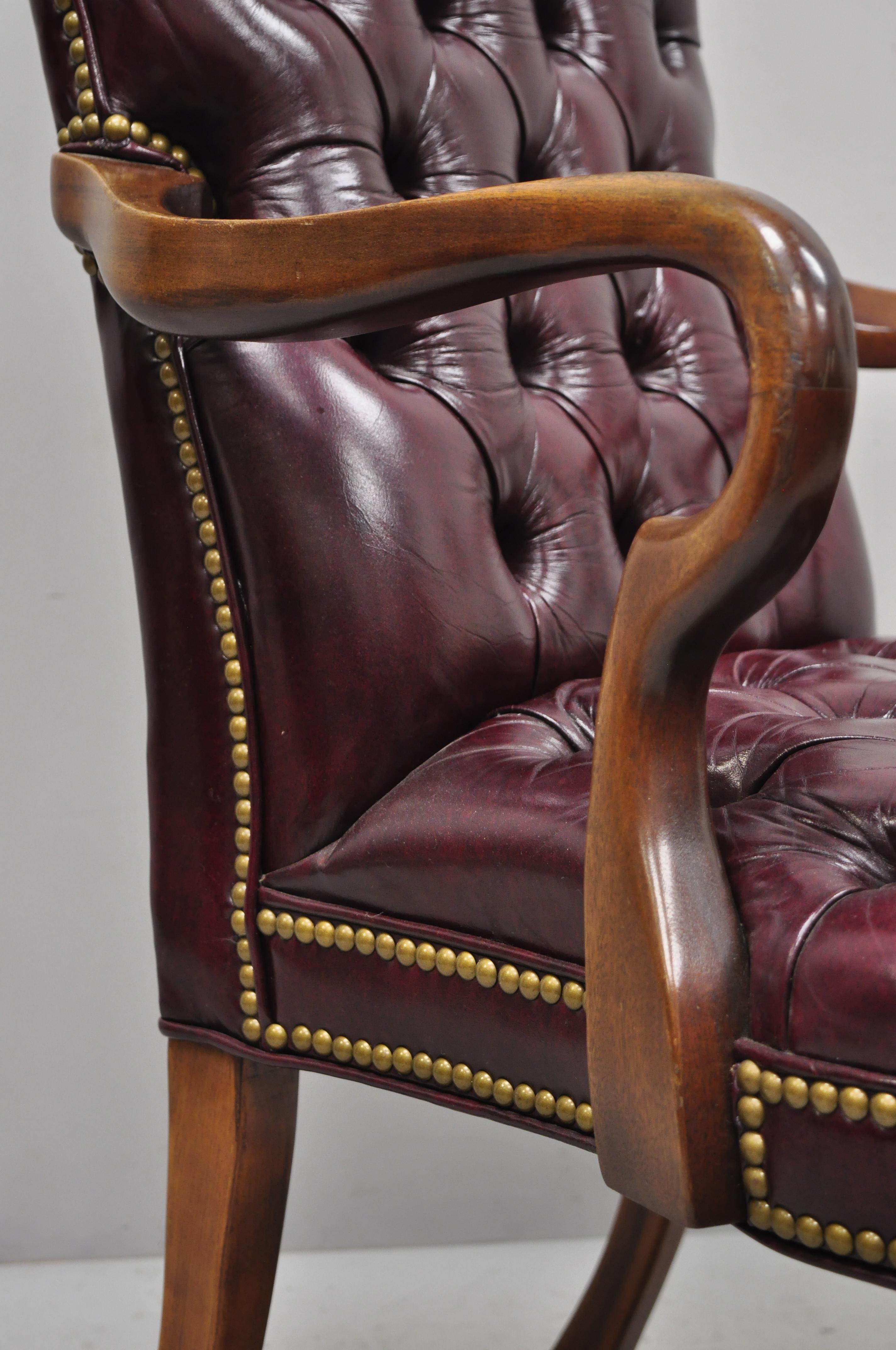 Burgundy Tufted Executive Leather Gooseneck Queen Anne Office Library Armchair In Good Condition In Philadelphia, PA