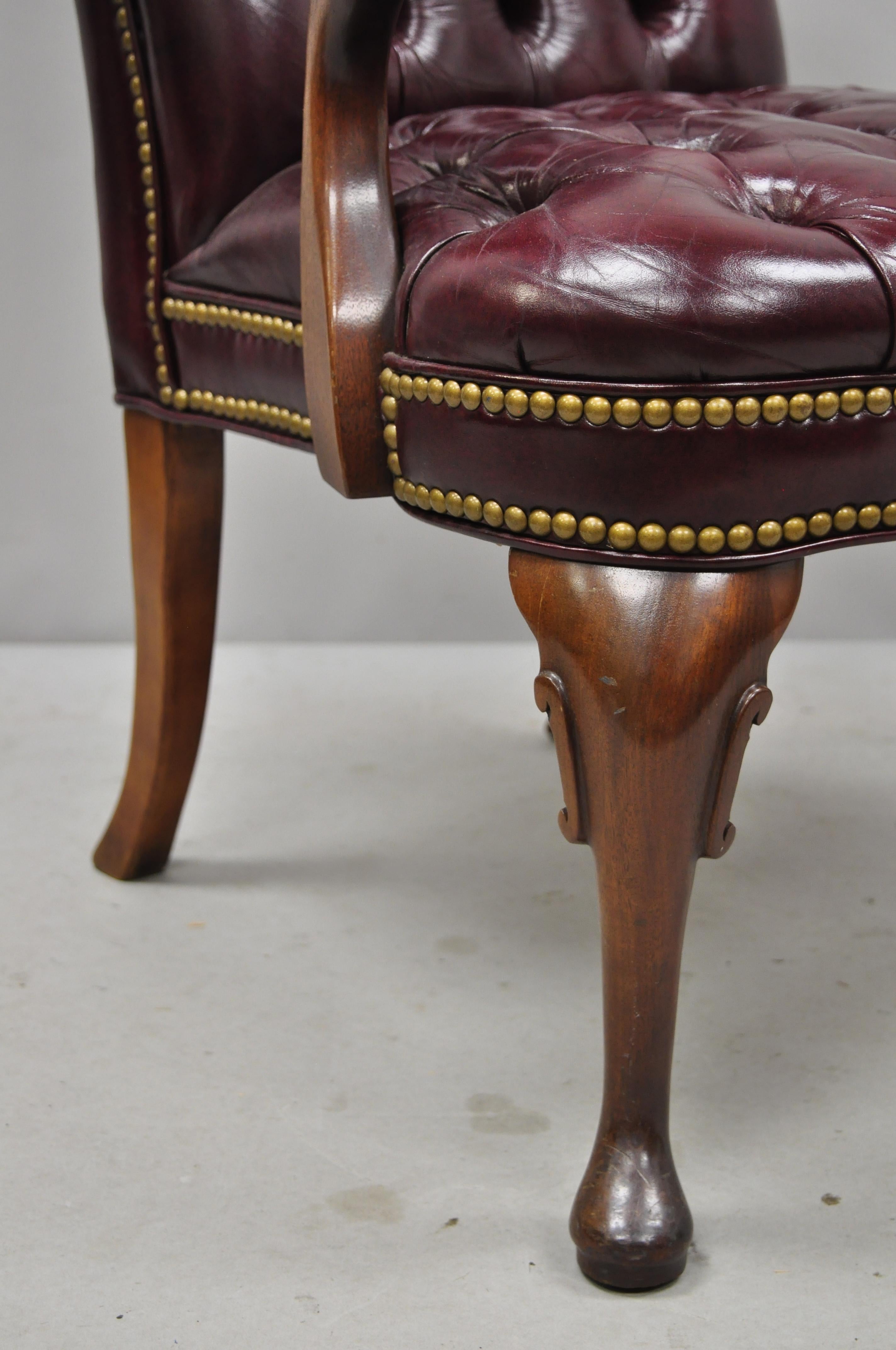 20th Century Burgundy Tufted Executive Leather Gooseneck Queen Anne Office Library Armchair