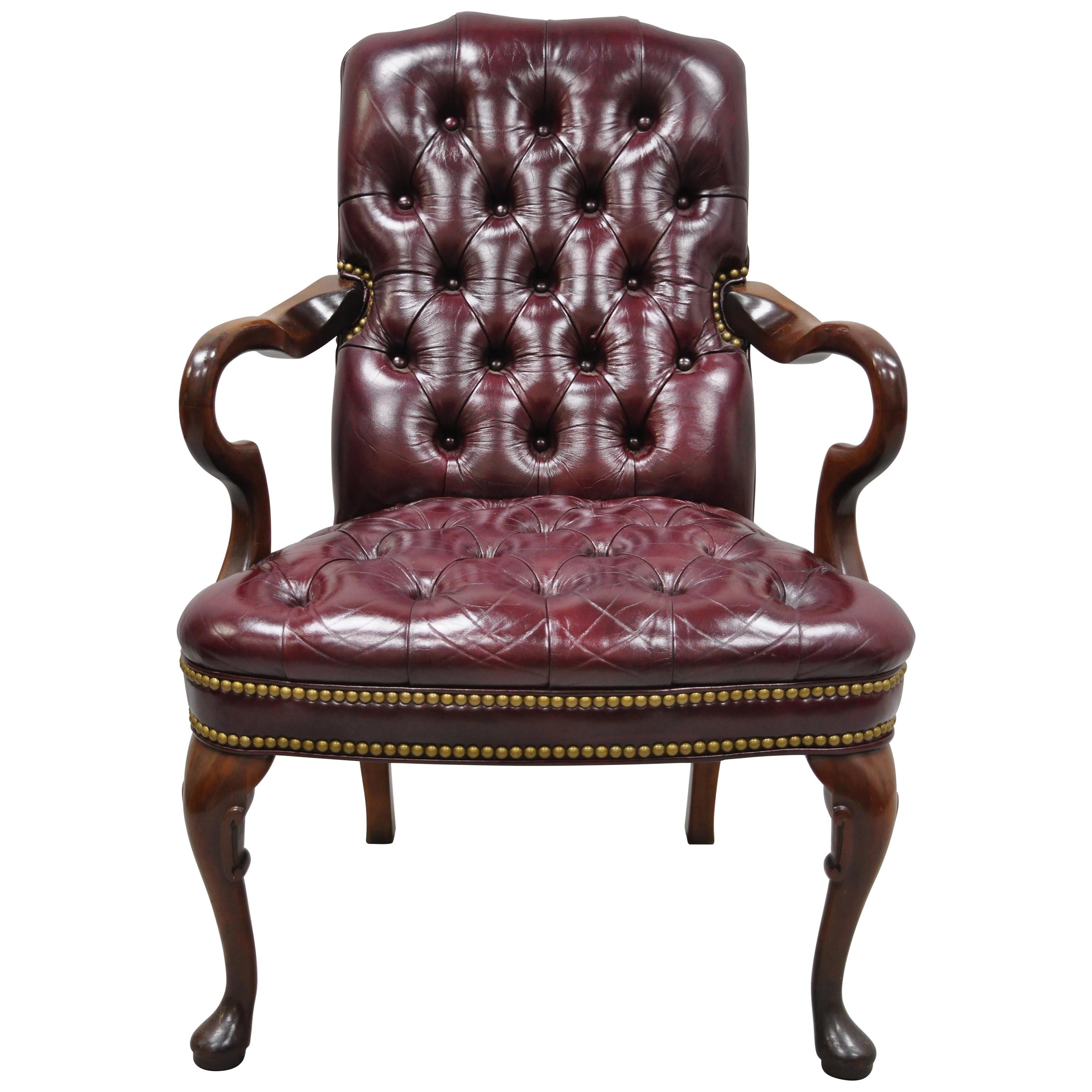 Burgundy Tufted Executive Leather Gooseneck Queen Anne Office Library Armchair