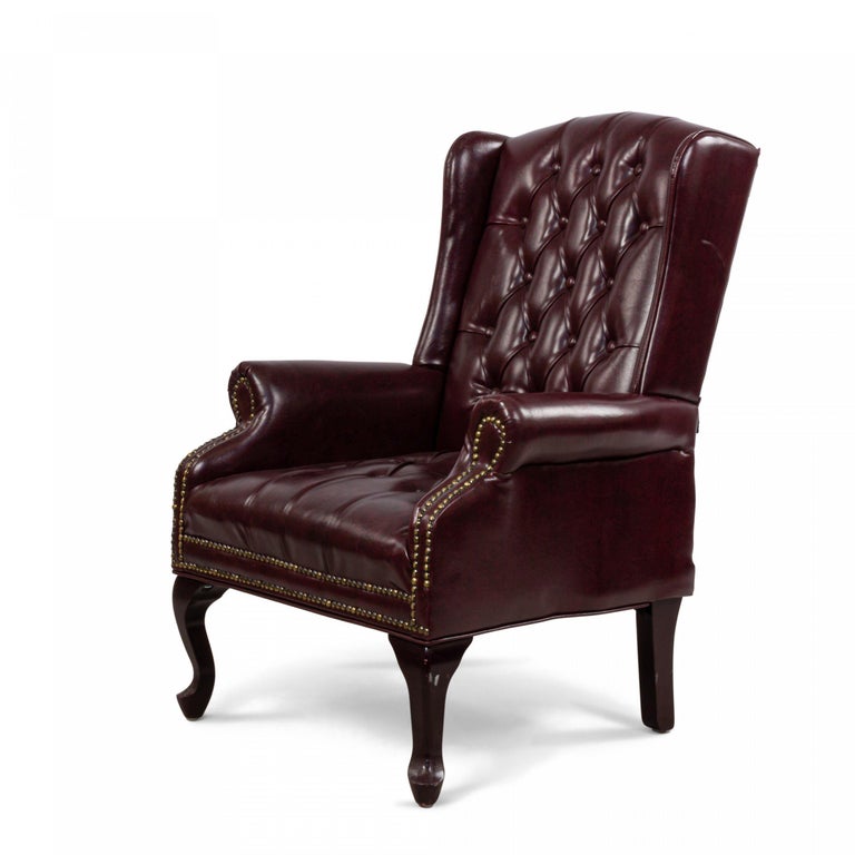 Burgundy Tufted Leather Wing Back Chairs For Sale at 1stDibs