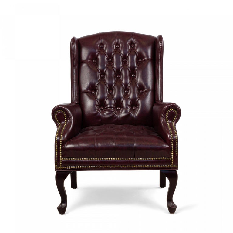 Georgian Burgundy Tufted Leather Wing Back Chairs For Sale
