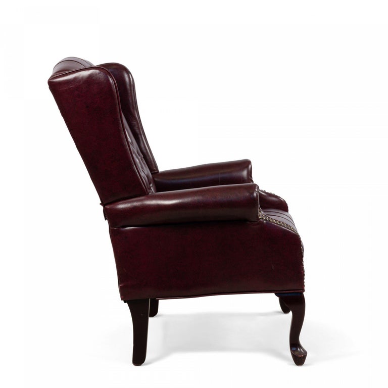 Burgundy Tufted Leather Wing Back Chairs In Good Condition For Sale In New York, NY